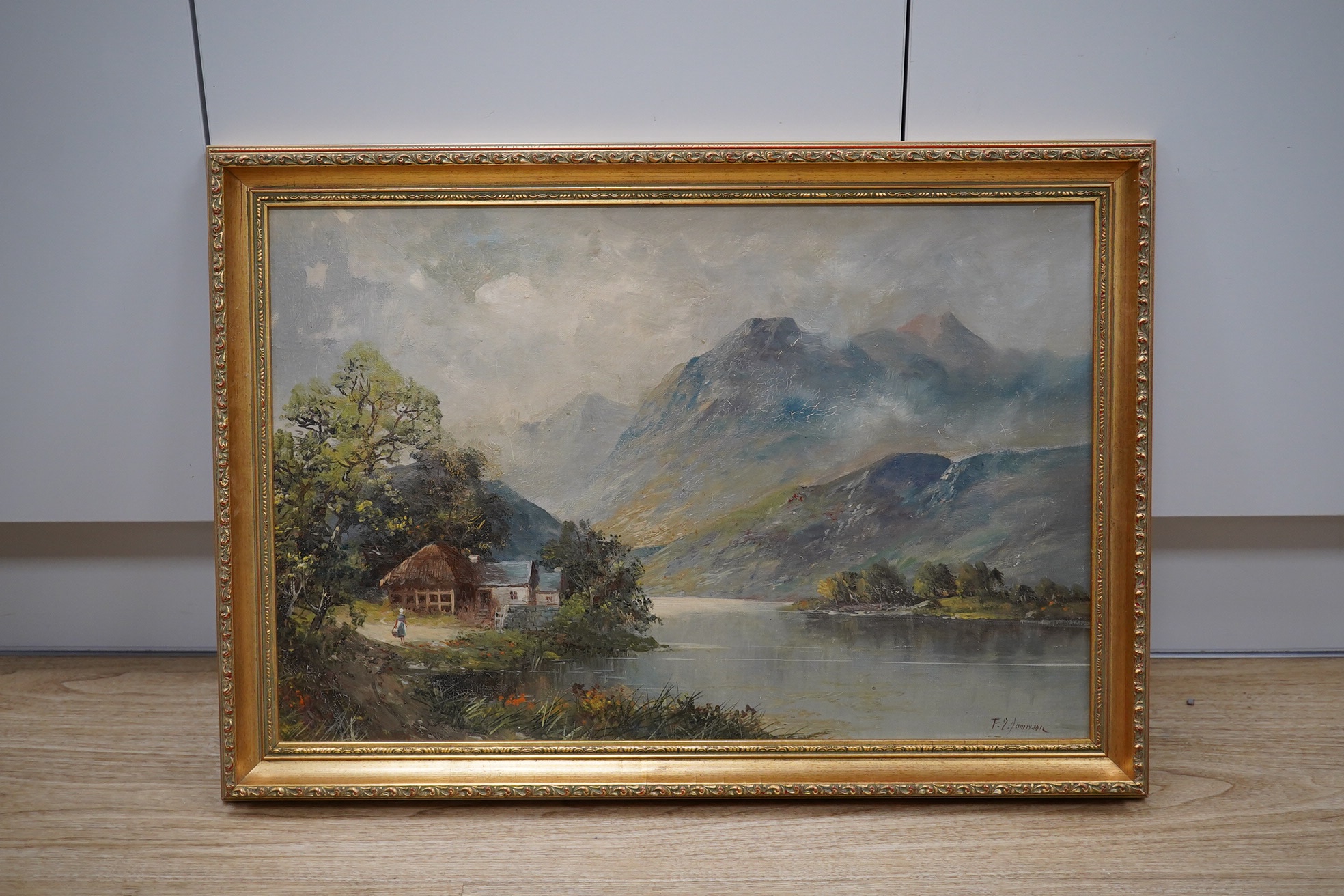 Francis E. Jamieson (1895-1950), oil on board, Scottish highland landscape, signed, 39 x 59cm. gilt framed. Condition - fair, craquelure throughout